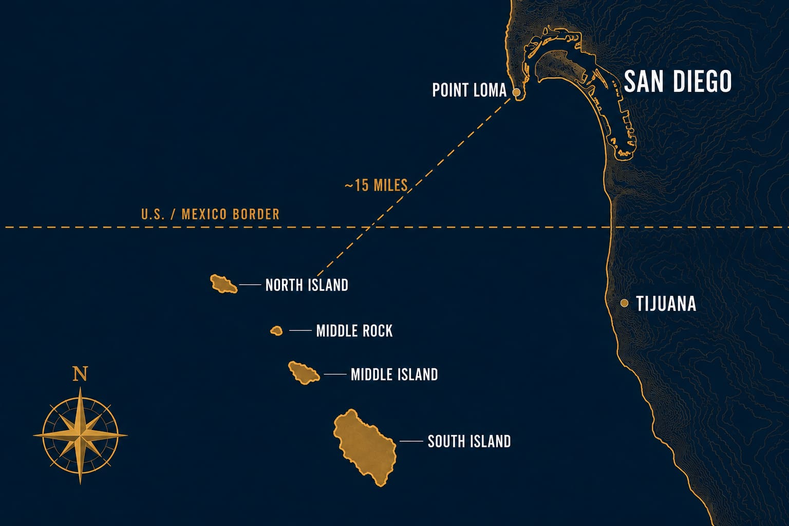 Map of the Coronado Islands showing the four-island chain south of San Diego and the U.S.–Mexico border