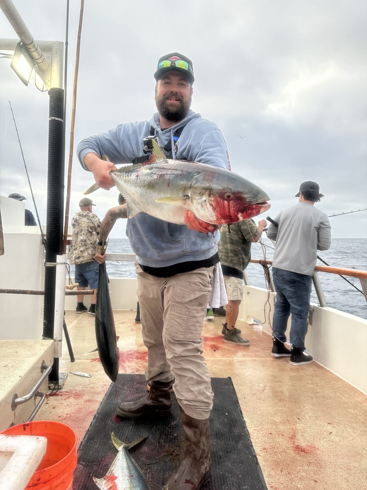 An angler holding a yellowtail caught aboard a Southern California sportfishing boat
