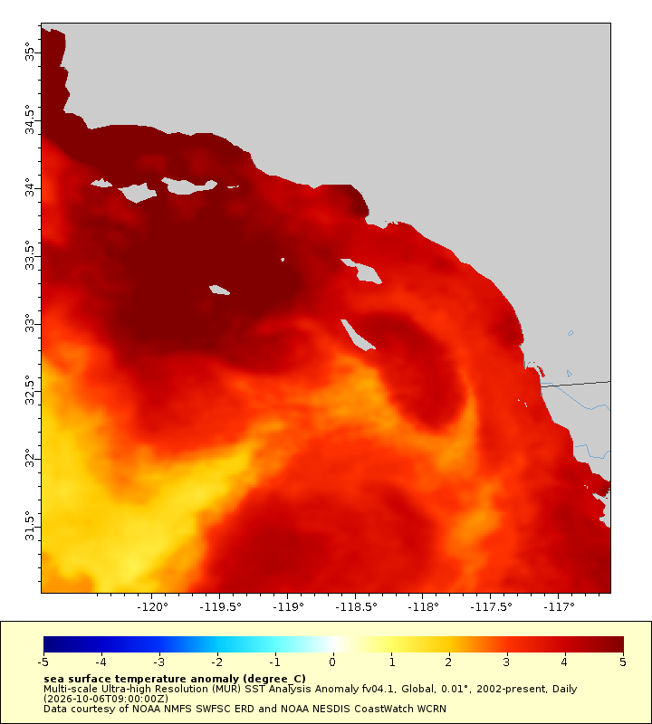 Sea surface temperature anomaly for Southern California, October 6 2026.